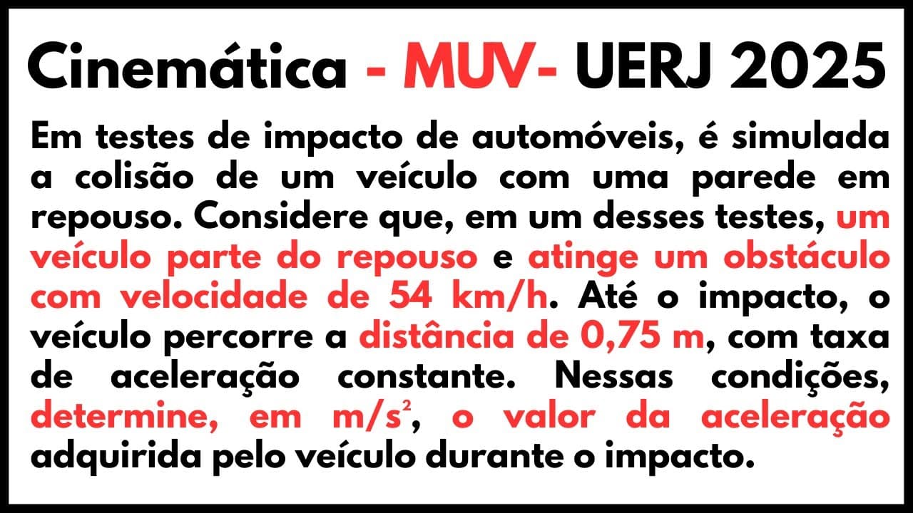 Thumbnail: Física: Cinemática MUV na prática! Questão UERJ 2025 sobre aceleração para 1º ano e vestibulares