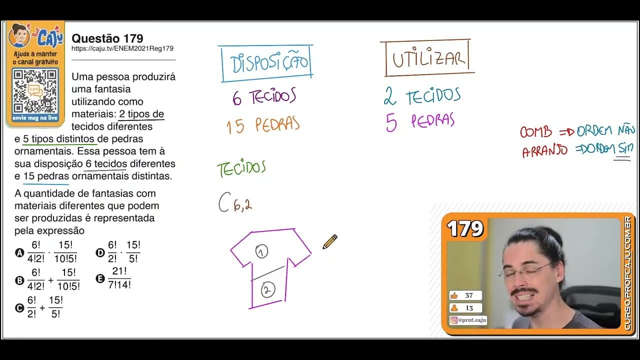 Thumbnail: [ENEM 2021] 179 📘 ANÁLISE COMBINATÓRIA Uma pessoa produzirá uma fantasia utilizando como materiais: