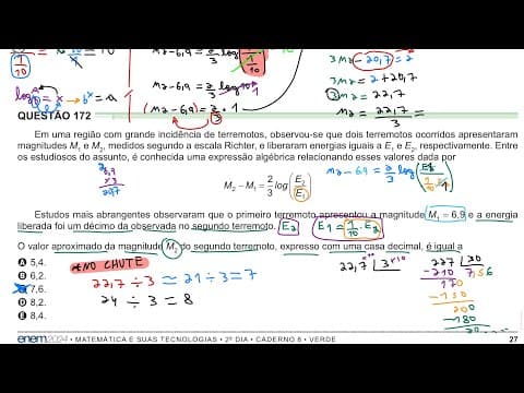 Thumbnail da aula: QUESTÃO 172 — ENEM 2024 Em uma região com grande incidência de terremotos, observou-se que dois…
