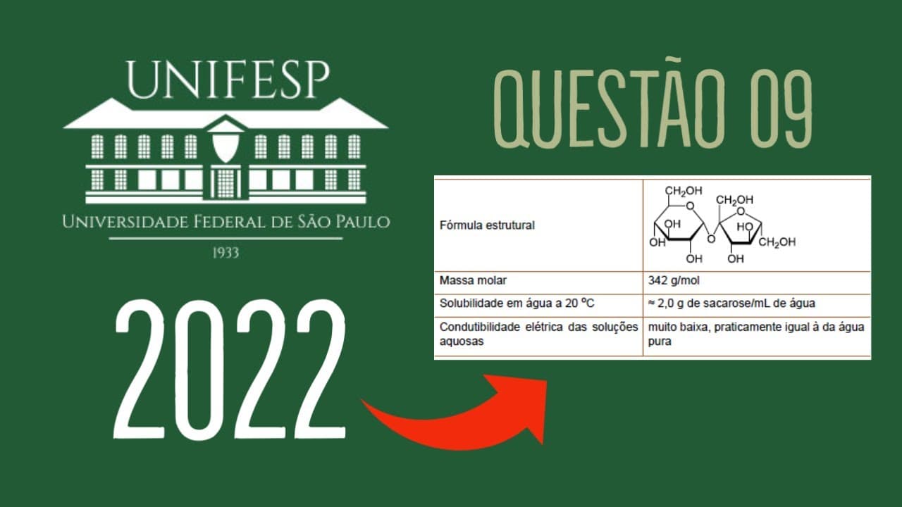 Thumbnail: UNIFESP 2022 | QUESTÃO 09 - Analise o quadro que fornece informações sobre a sacarose, o açúcar de