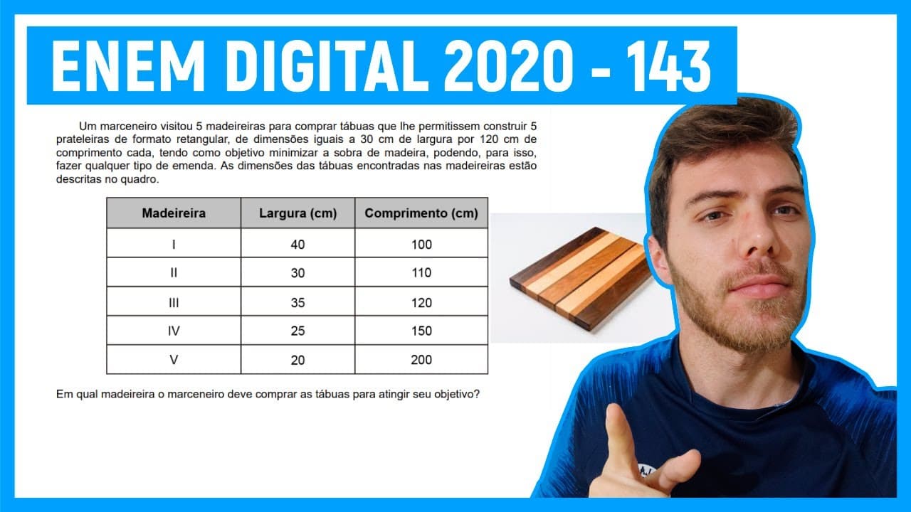 Thumbnail: 🛑Questão 143 Enem DIGITAL 2020 - MACETE DE ÁREA - Um marceneiro visitou 5 madeireiras para...