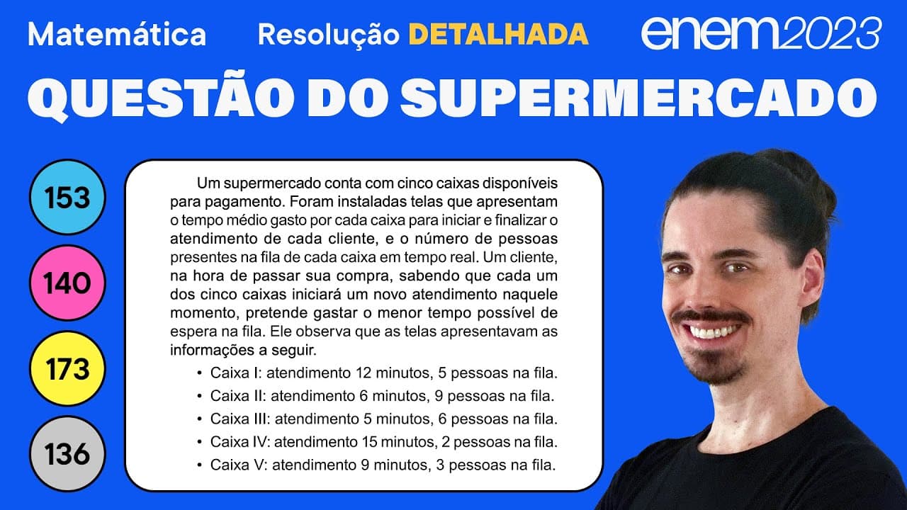 Thumbnail: 🔵 Questão da fila de supermercado: ENEM 2023 Matemática (Detalhada) - As Quatro Operações