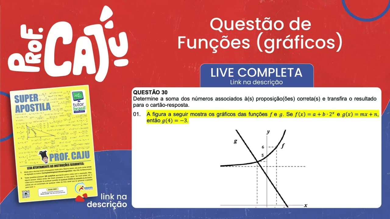 Thumbnail: [UFSC 2023] 30.01 📒 FUNÇÕES A figura a seguir mostra os gráficos das funções f e g. Se f(x)=a+b·2^x