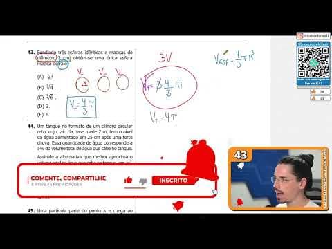 Thumbnail da aula: [UFRGS 2018] 43 - Fundindo três esferas idênticas e maciças de diâmetro 2 cm, obtém-se uma única