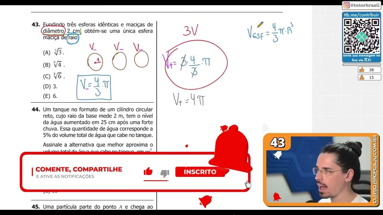 Thumbnail: [UFRGS 2018] 43 - Fundindo três esferas idênticas e maciças de diâmetro 2 cm, obtém-se uma única