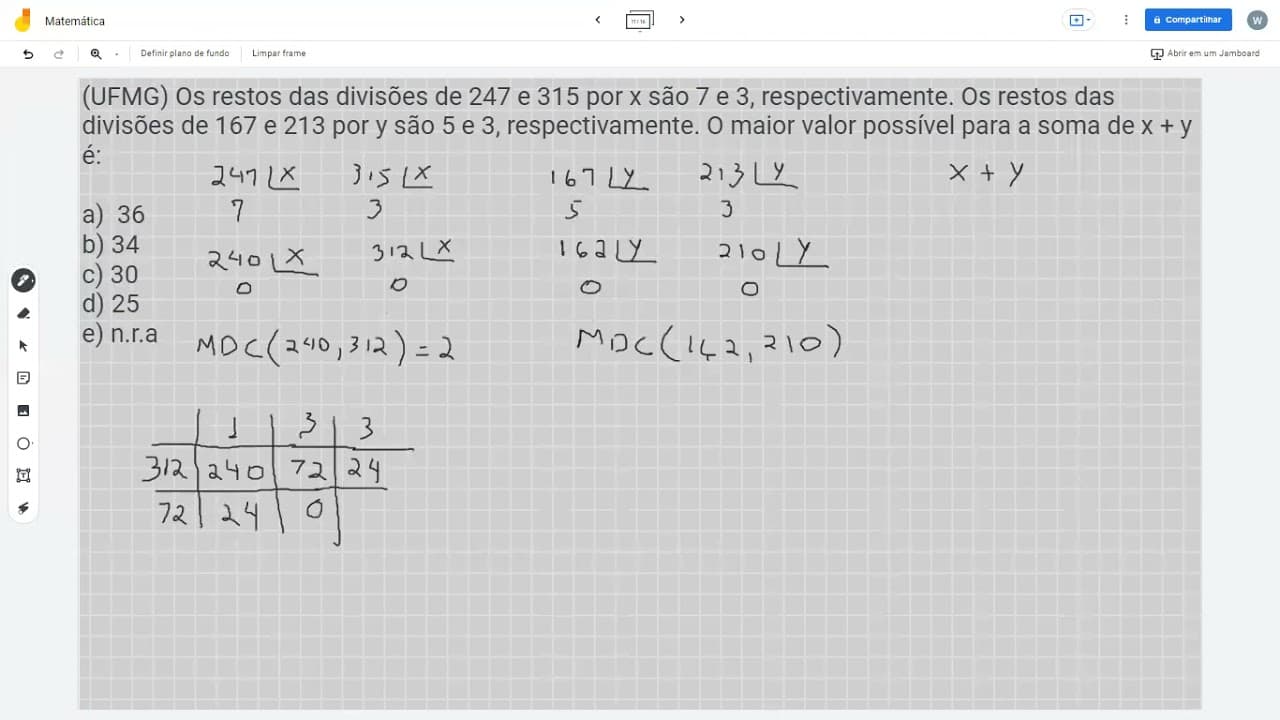 Thumbnail: (UFMG) Os restos das divisões de 247 e 315 por x são 7 e 3, respectivamente.