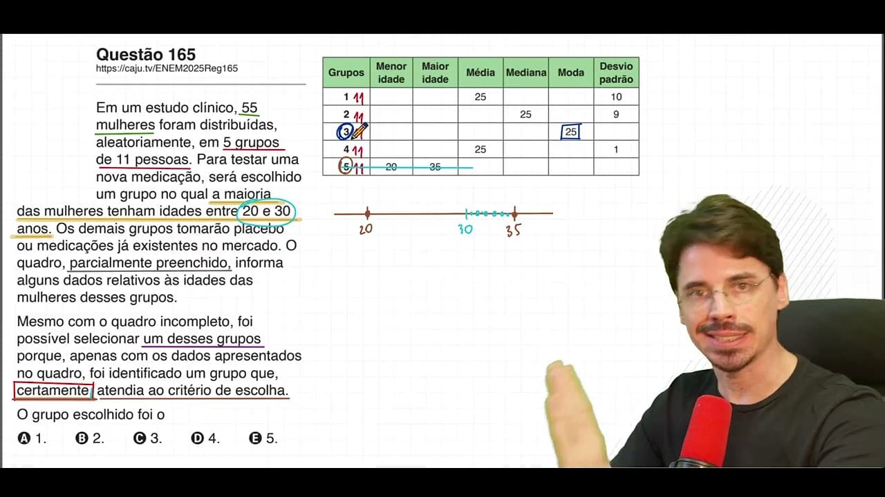 Thumbnail: [ENEM 2025] 165 📘 DESVIO PADRÃO Em um estudo clínico, 55 mulheres foram distribuídas, aleatoriamente