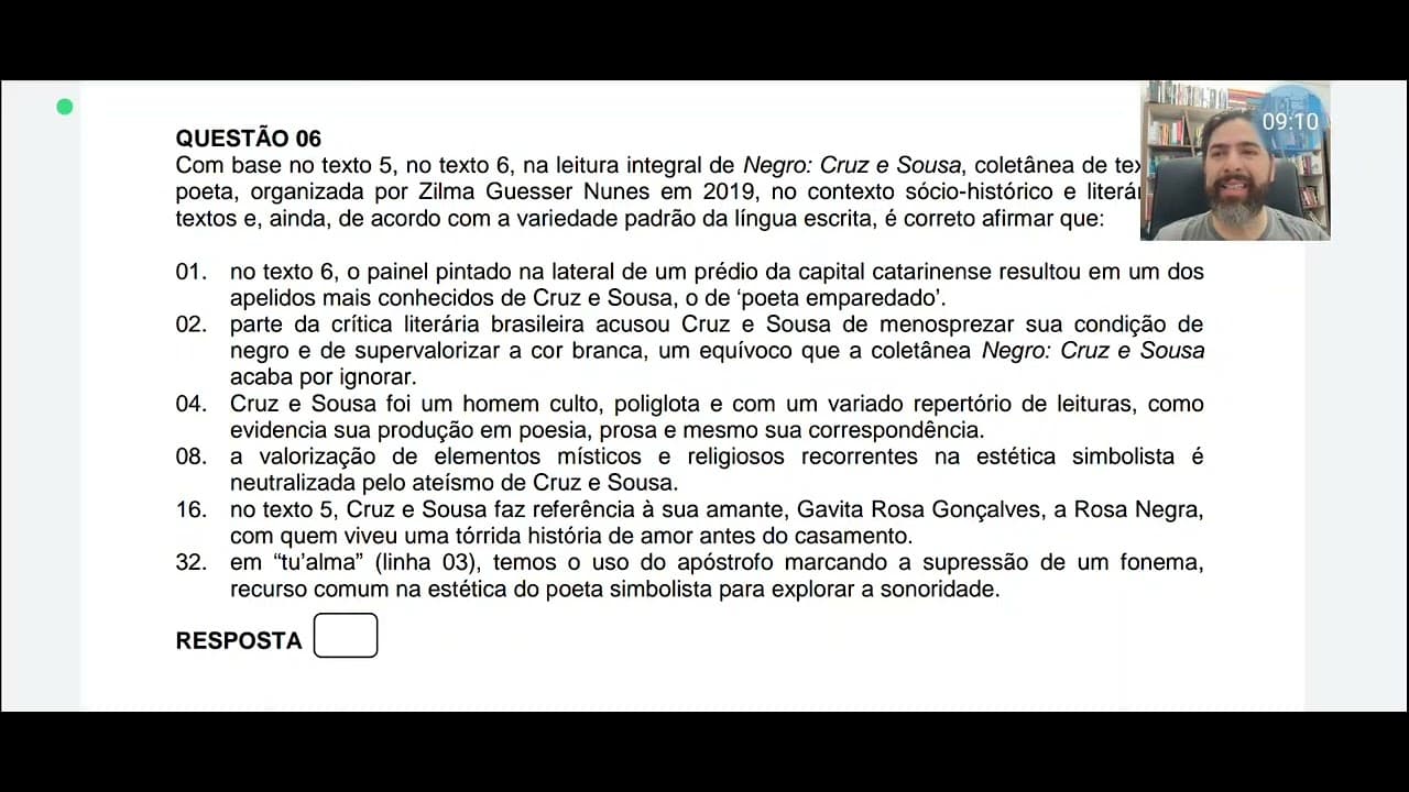 Thumbnail: Prova comentada Vestibular UFSC 2023 Língua Portuguesa e Literatura Questão 06: Negro (Cruz e Sousa)
