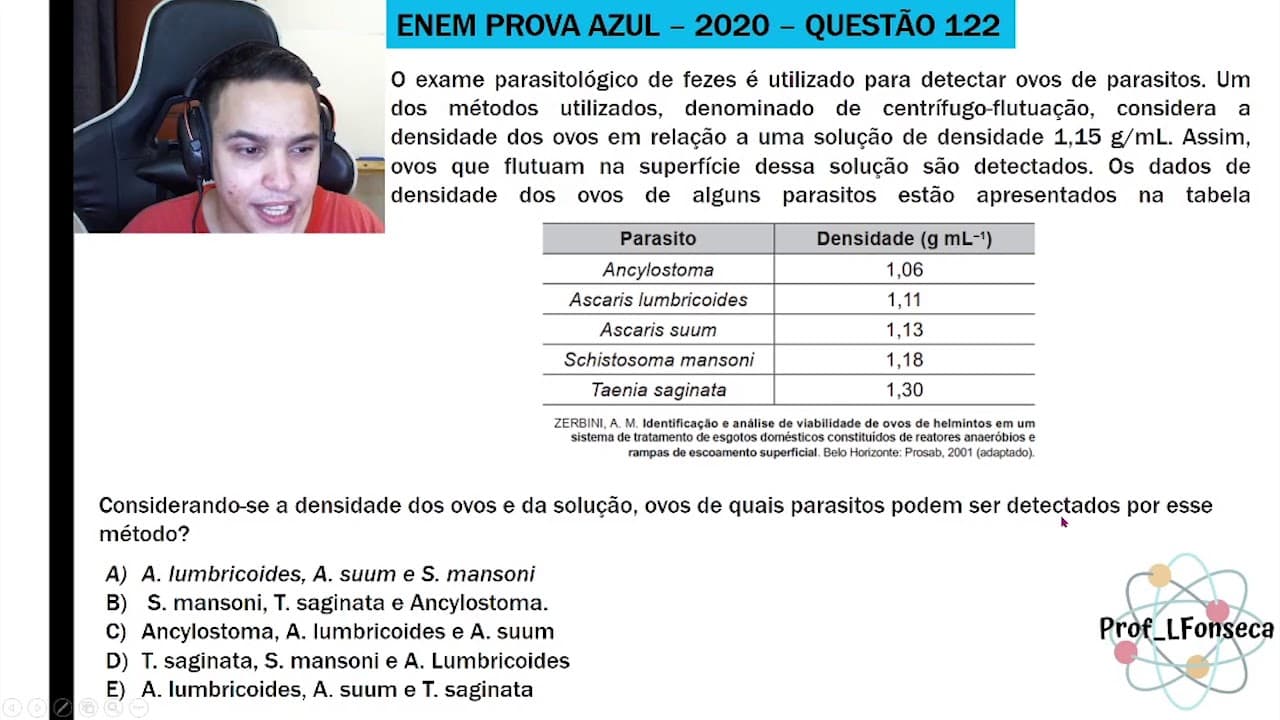 Thumbnail: ENEM 2020 - O exame parasitológico de fezes é utilizado para detectar ovos de parasitos. Um dos