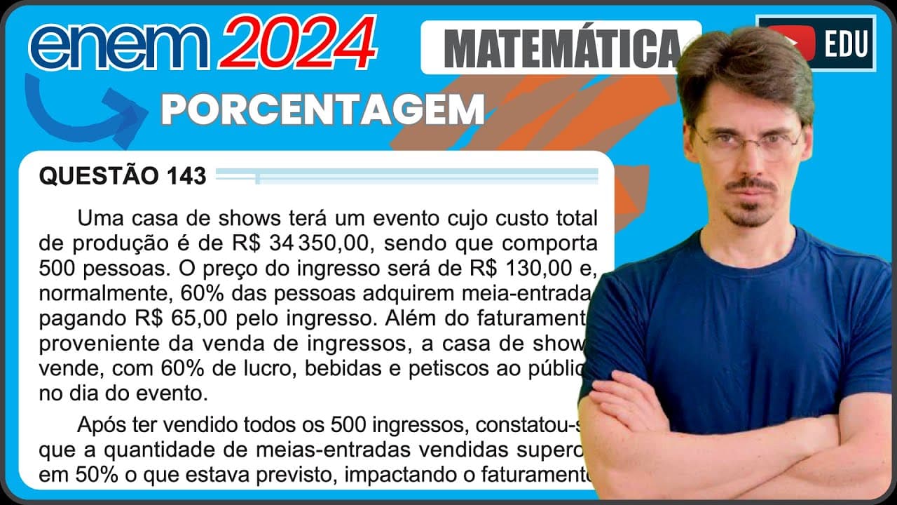 Thumbnail: [ENEM 2024] 143 📘 PORCENTAGEM Uma casa de shows terá um evento cujo custo total de produção é de R$