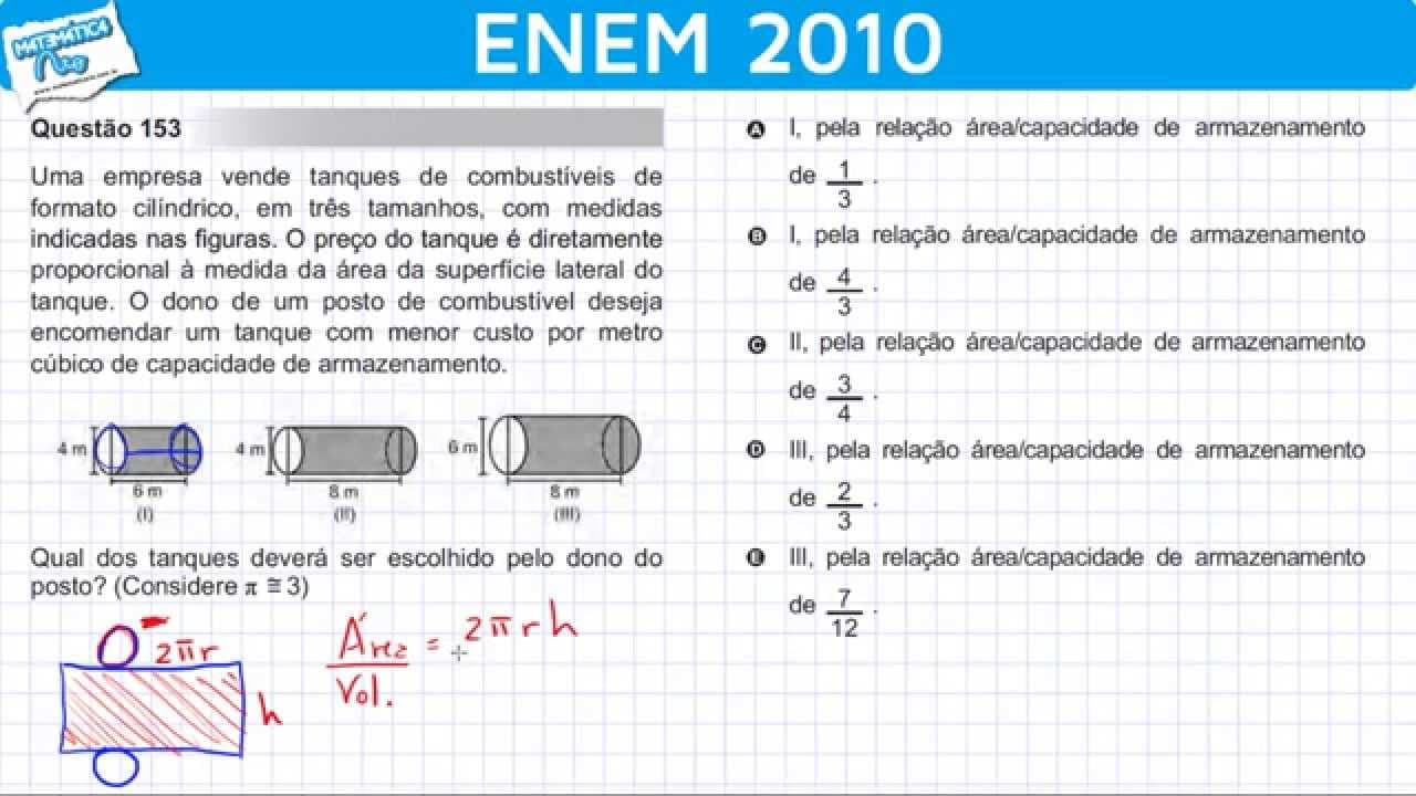 Thumbnail: ENEM 2010 Matemática #18 - Volume e Área da Superfície do Cilíndrico e Proporcionalidade
