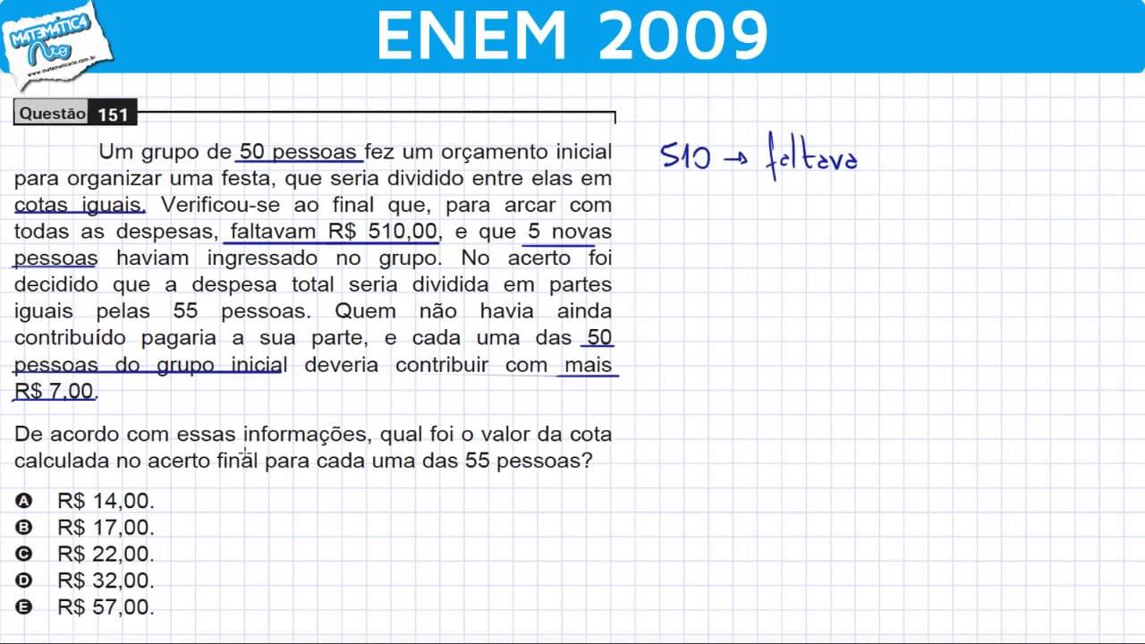 Thumbnail: ENEM 2009 Mathematics #16 - Setting up and Solving a First Degree Equation
