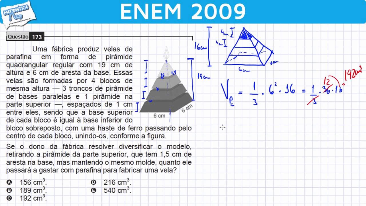 Thumbnail: ENEM 2009 Matemática #38 - Volume de uma Pirâmide