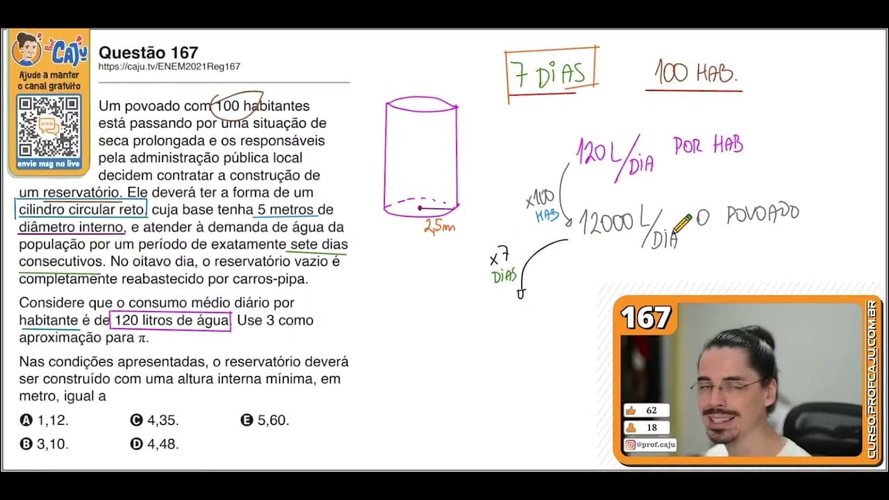 Thumbnail: [ENEM 2021] 167 📘 GEOMETRIA ESPACIAL Um povoado com 100 habitantes está passando por uma situação