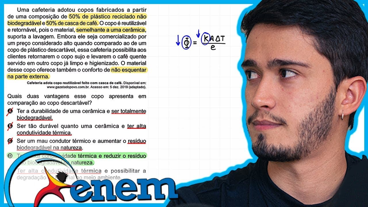 Thumbnail: ENEM 2023 - Uma cafeteria adotou copos fabricados a partir de uma composição de 50% de plástico reci