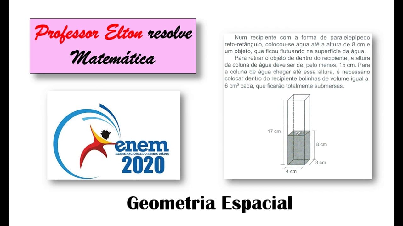 Thumbnail: ENEM 2020 - Geometria Espacial - Num recipiente com a forma de paralelepípedo reto retângulo, coloco