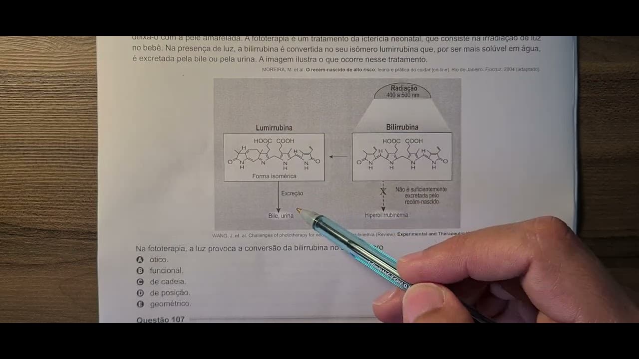 Thumbnail: Química ENEM 2021 questão 106 - A icterícia, popularmente conhecida por amarelão, é uma patologia