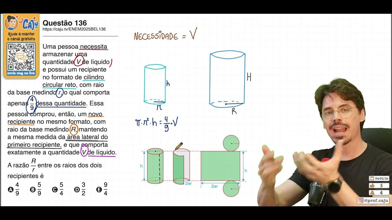Thumbnail: [ENEM 2025 Belém] 136 📘 GEOMETRIA ESPACIAL Uma pessoa necessita armazenar uma quantidade V de