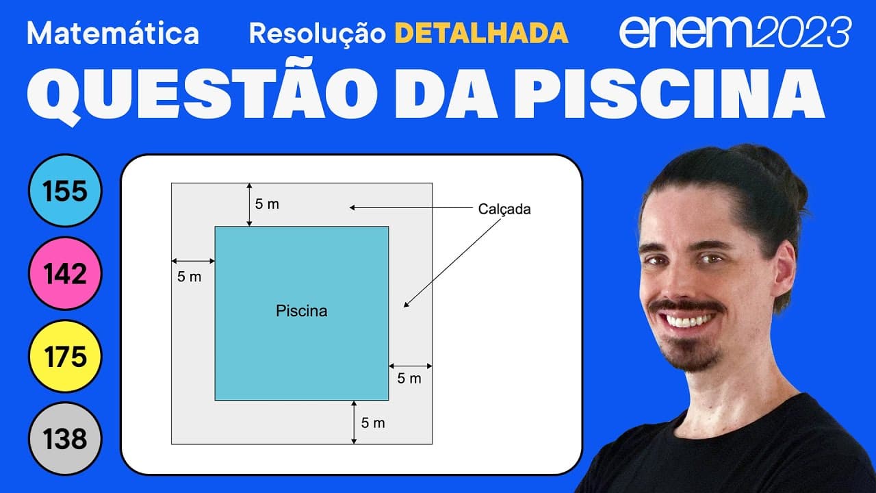 Thumbnail: 🔵 Questão da calçada e da piscina: ENEM 2023 Matemática (Detalhada) - Área de Figuras Planas
