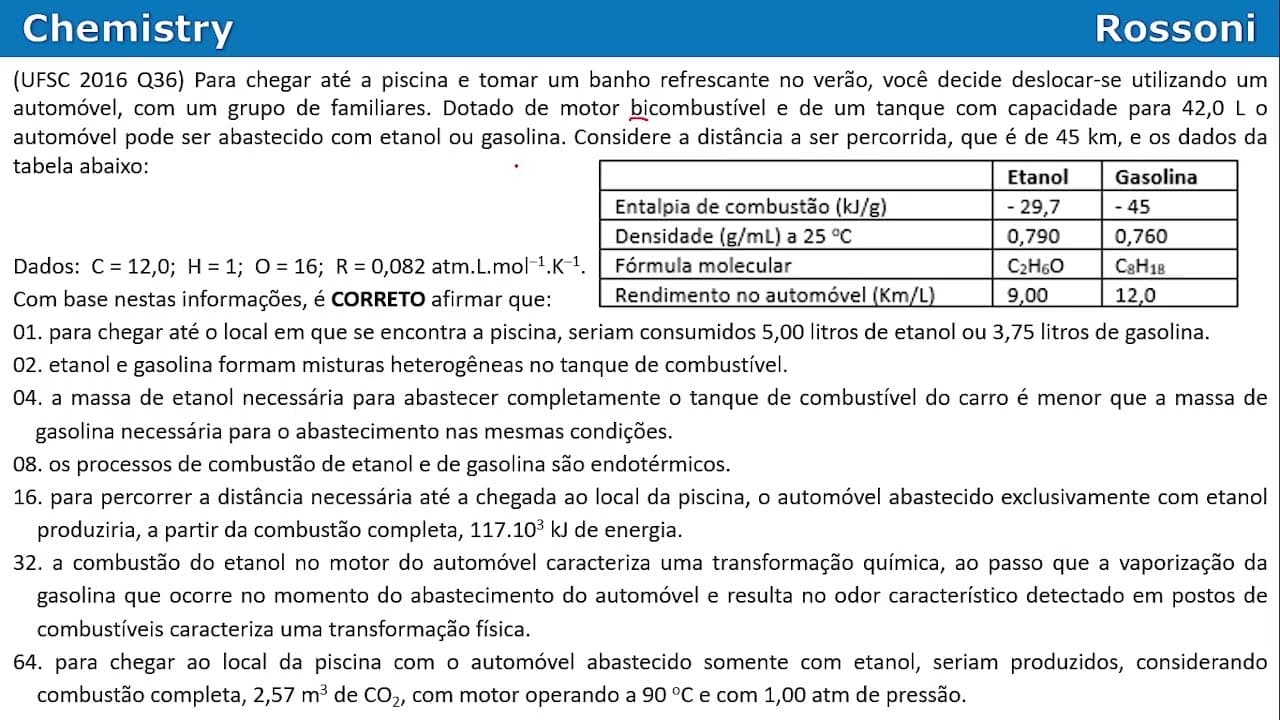 Thumbnail: UFSC 2016 Q36 - Combustão do etanol e da gasolina
