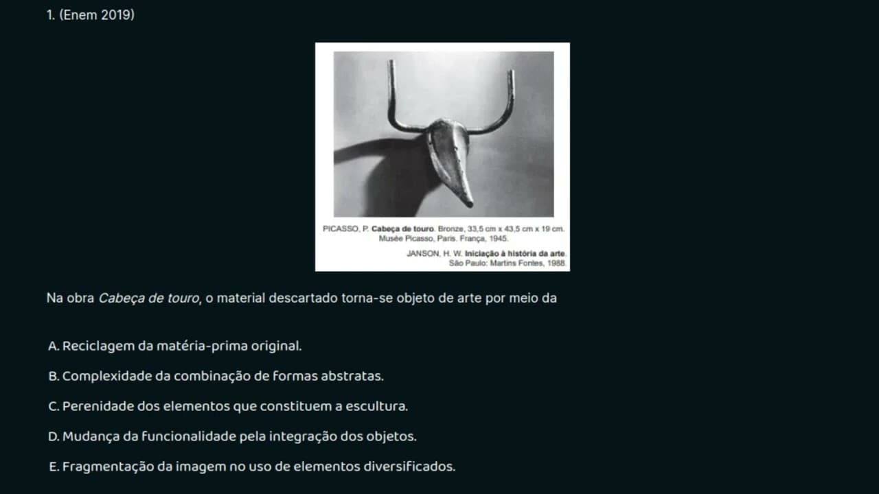 Thumbnail: 01. (Enem 2019) Na obra Cabeça de touro, o material descartado torna-se objeto de arte por meio da