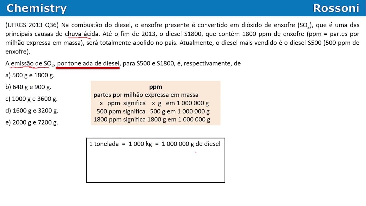 Thumbnail: UFRGS 2013 Química - Questão 36 - PPM com estequiometria - chuva ácida e óleo diesel