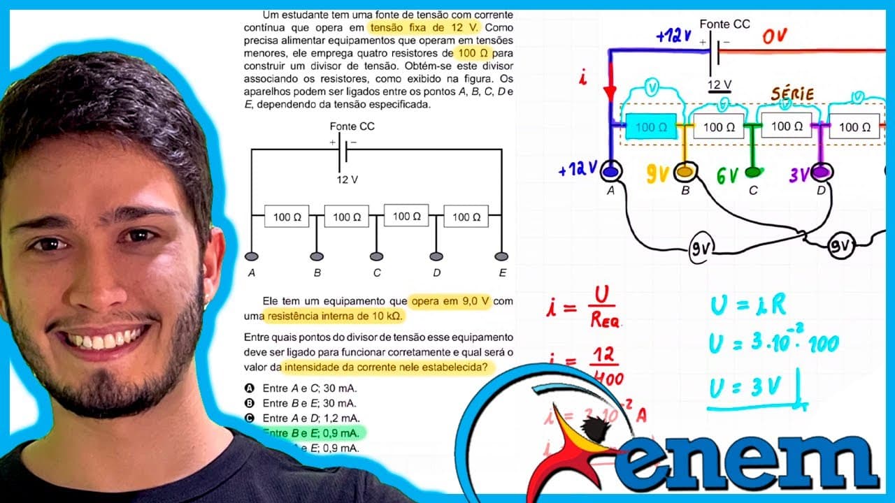 Thumbnail: ENEM 2020 - Um estudante tem uma fonte de tensão com corrente contínua que opera em tensão fixa de 1