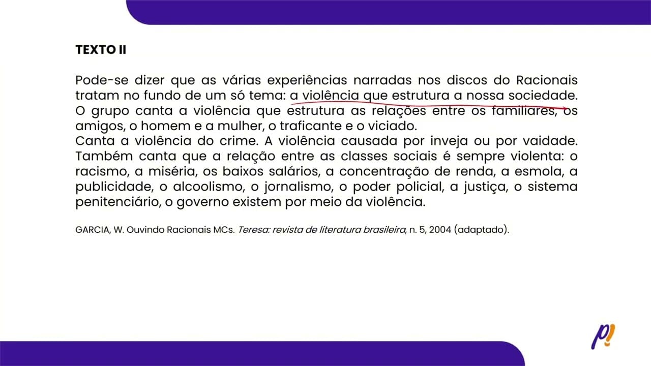 Thumbnail: ENEM 2024 - ESTUDOS DO TEXTO | Na letra da canção, a tematização da violência mencionada...
