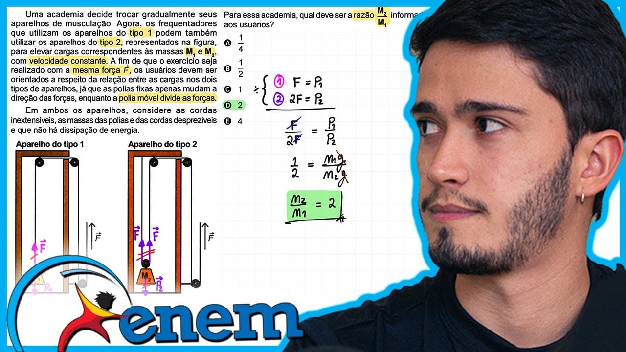 Thumbnail: ENEM 2023 - Uma academia decide trocar gradualmente seus aparelhos de musculação. Agora, os frequent