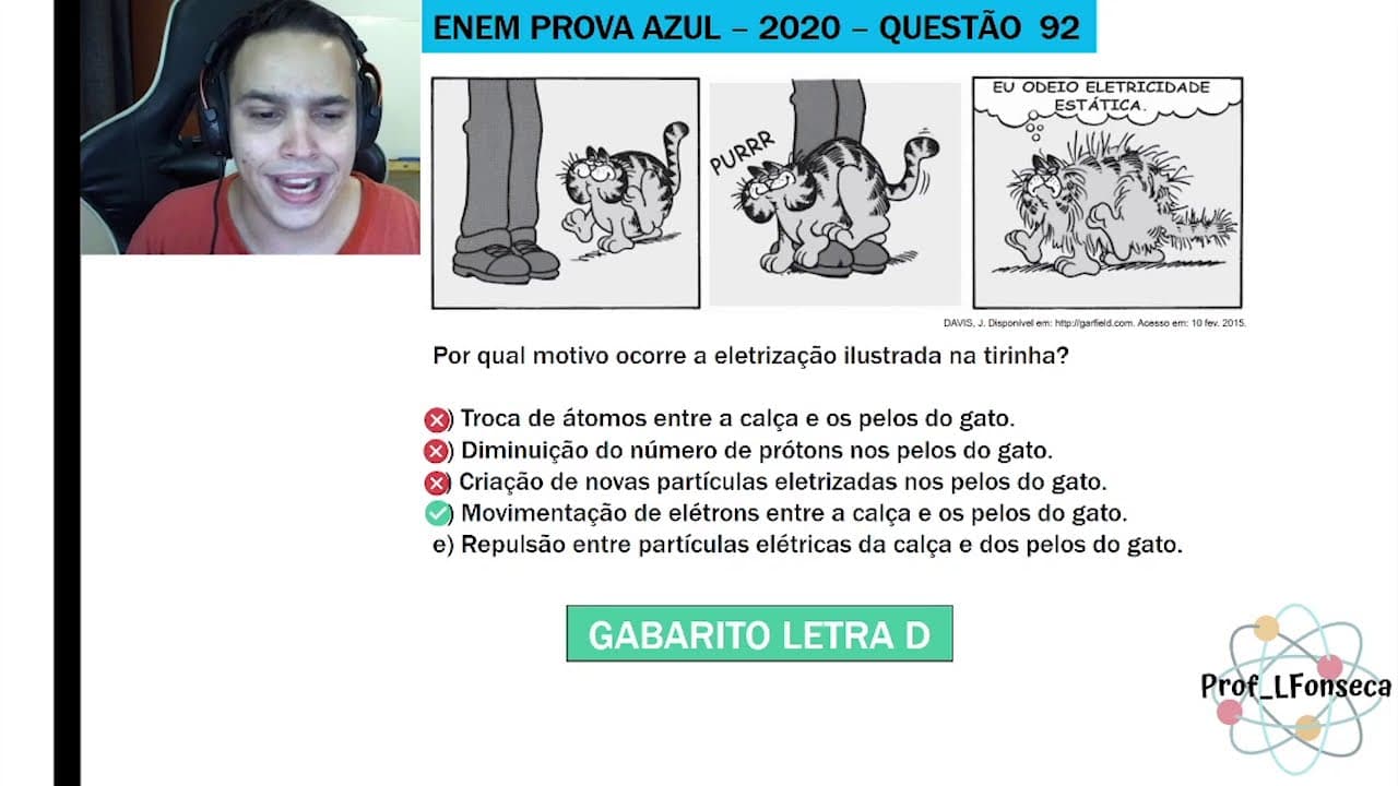 Thumbnail: Enem 2020 - Garfield eletrização - Por qual motivo ocorre a eletrização ilustrada na tirinha?