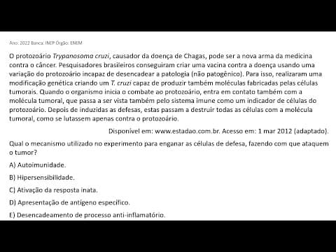 Thumbnail da aula: ENEM 2022 - O protozoário Trypanosoma cruzi, causador da doença de Chagas, pode ser a nova arma...