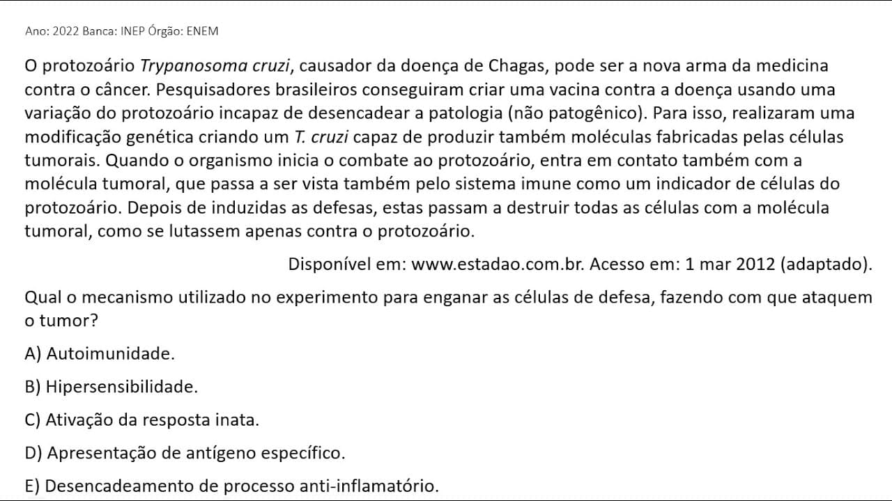 Thumbnail: ENEM 2022 - O protozoário Trypanosoma cruzi, causador da doença de Chagas, pode ser a nova arma...
