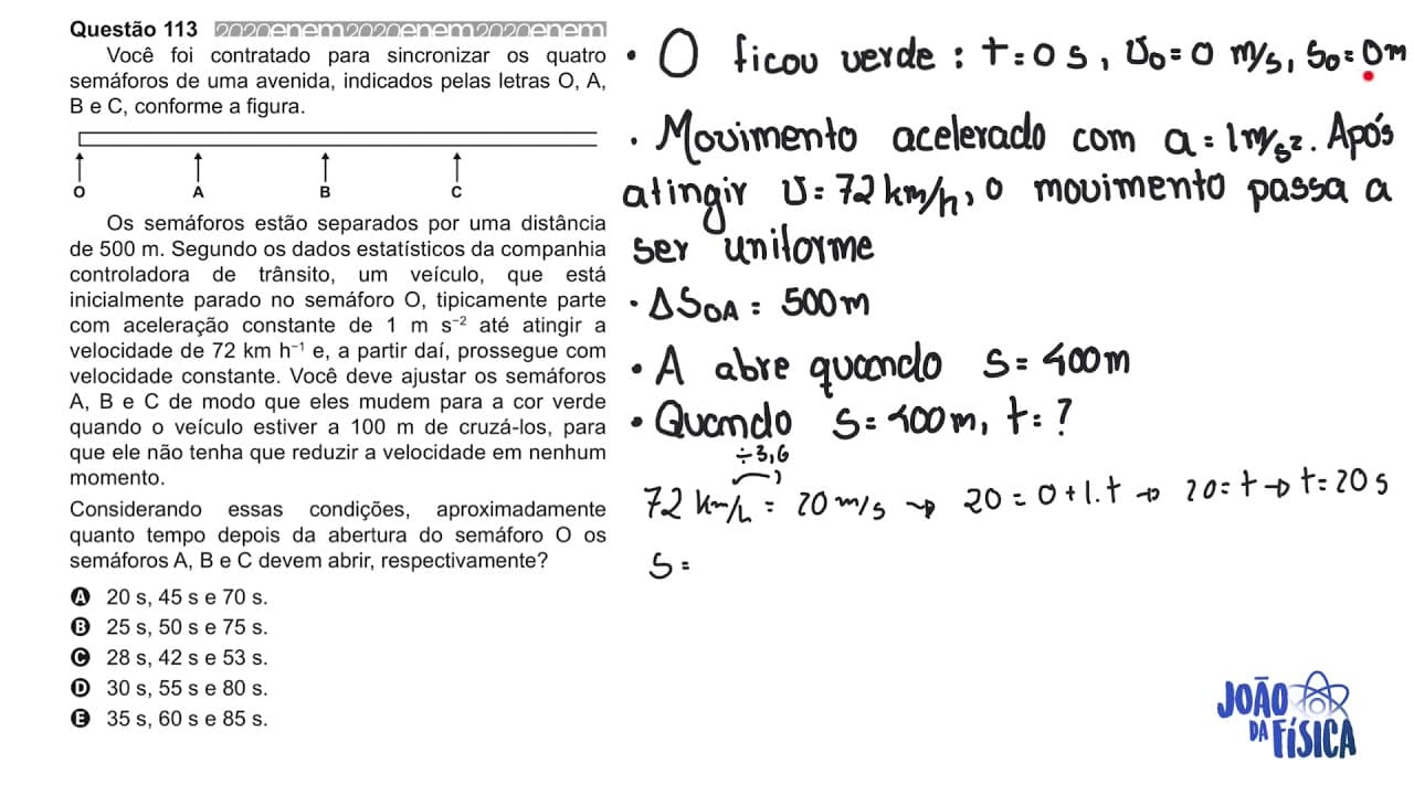 Thumbnail: ENEM 2020 - Cinemática - Você foi contratado para sincronizar os quatro semáforos de uma avenida