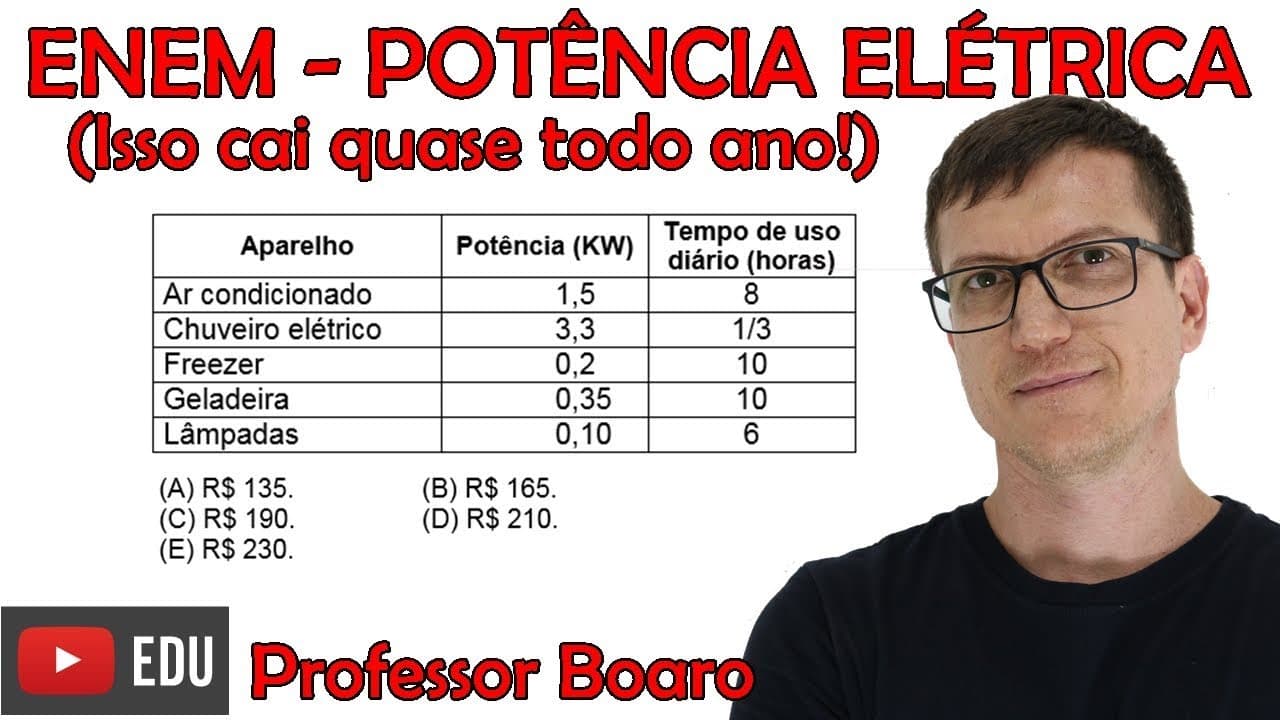 Thumbnail: ENEM - POTÊNCIA ELÉTRICA - EXERCÍCIO RESOLVIDO - Professor Boaro