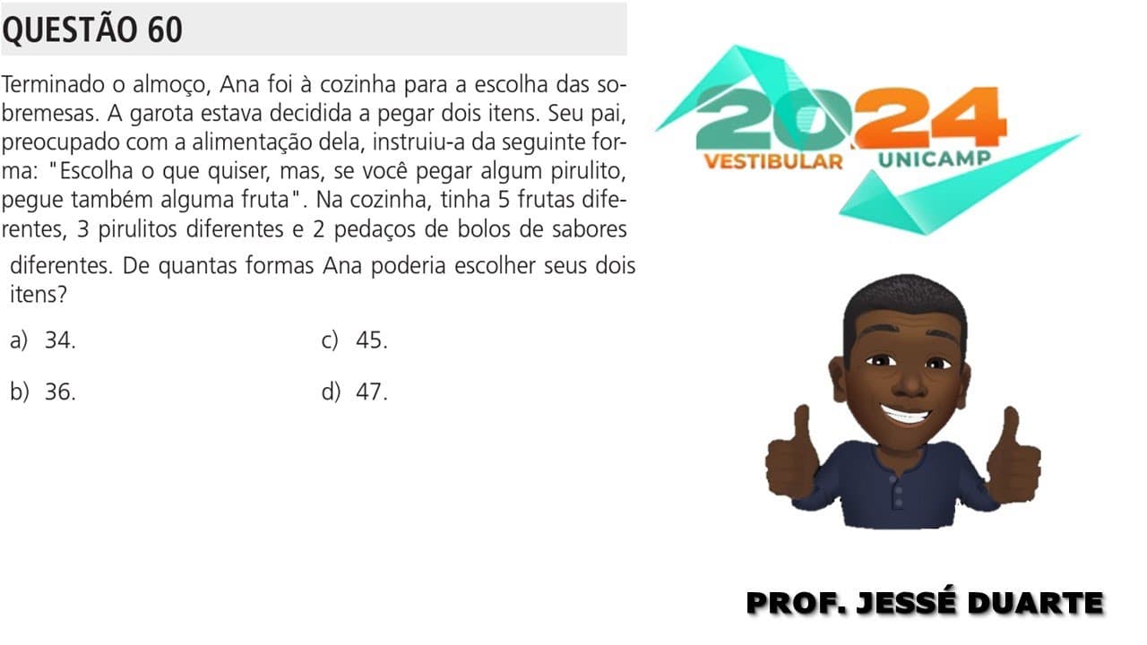 Thumbnail: Unicamp-2024 -Terminado o almoço, Ana foi à cozinha para a escolha das sobremesas.