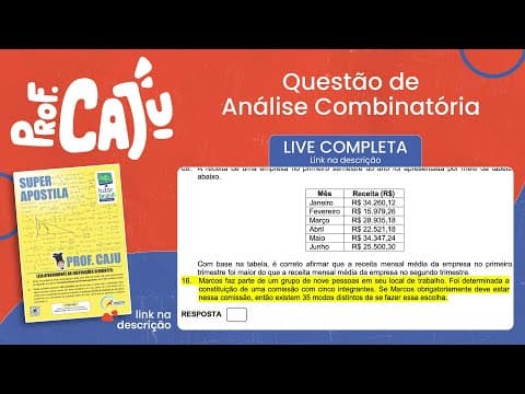 Thumbnail da aula: [UFSC 2023] 21.16 📒 ANÁLISE COMBINATÓRIA Marcos faz parte de um grupo de nove pessoas em seu local