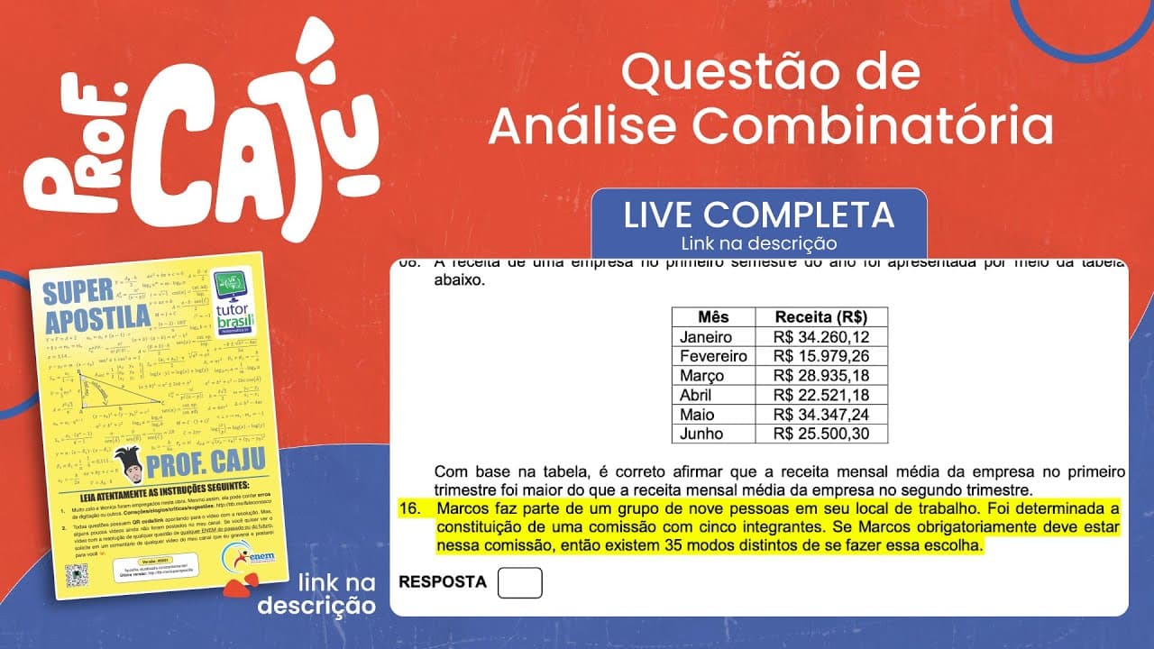 Thumbnail: [UFSC 2023] 21.16 📒 ANÁLISE COMBINATÓRIA Marcos faz parte de um grupo de nove pessoas em seu local