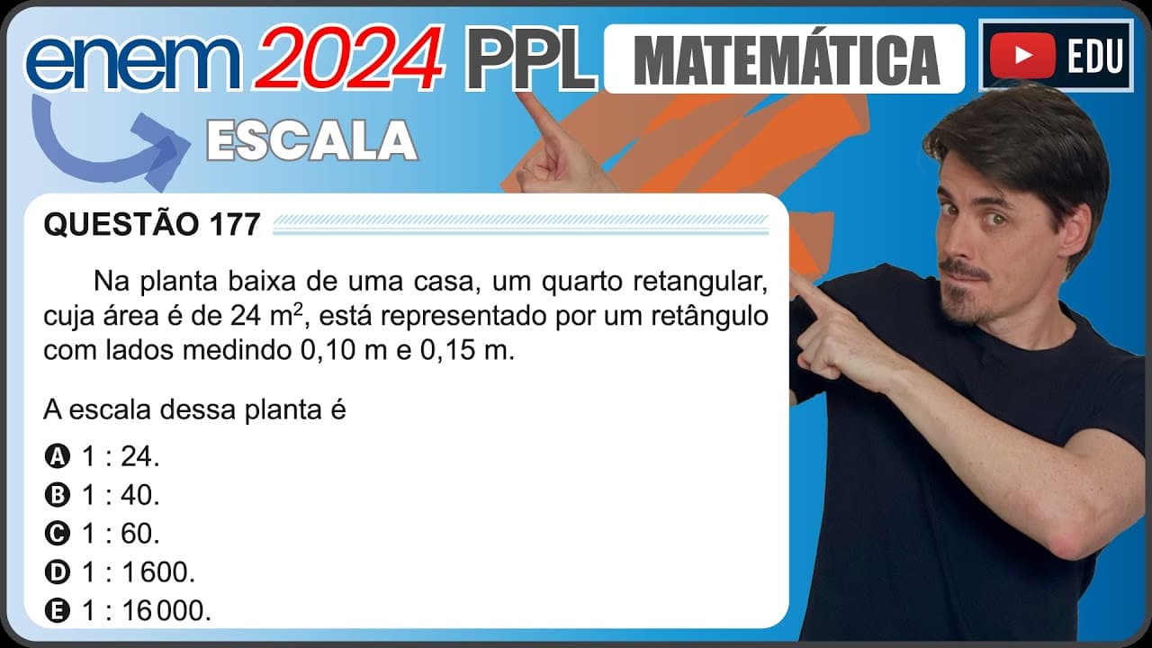 Thumbnail: [ENEM 2024 PPL] 177 📘 ESCALA Na planta baixa de uma casa, um quarto retangular, cuja área é de 24 m2