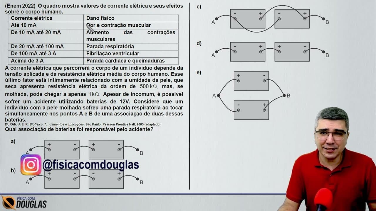 Thumbnail: ENEM 2022 O quadro mostra valores de corrente elétrica e seus efeitos | CURSO DE FÍSICA ONLINE