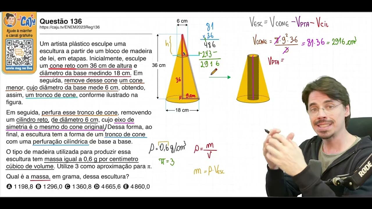 Thumbnail: [ENEM 2023] 136 📘 GEOMETRIA ESPACIAL Um artista plástico esculpe uma escultura a partir de um bloco