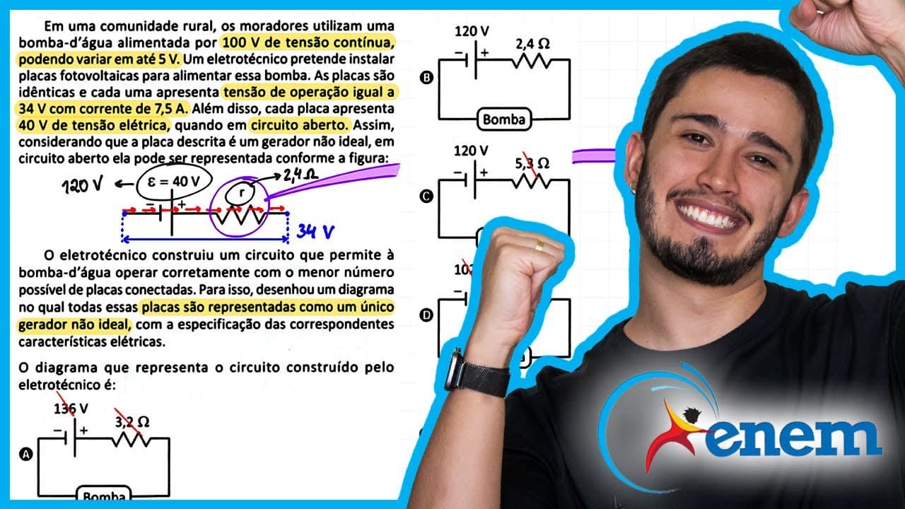 Thumbnail: ENEM 2025 - Em uma comunidade rural, os moradores utilizam uma bomba d'água alimentada por 100 V de
