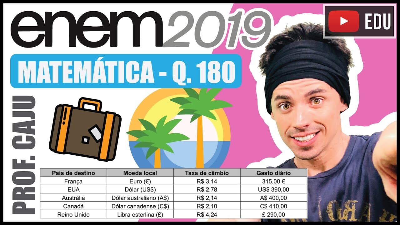Thumbnail: [ENEM 2019] 180 📘 MULTIPLICAÇÃO Um casal planejou uma viagem e definiu como teto para o gasto diário