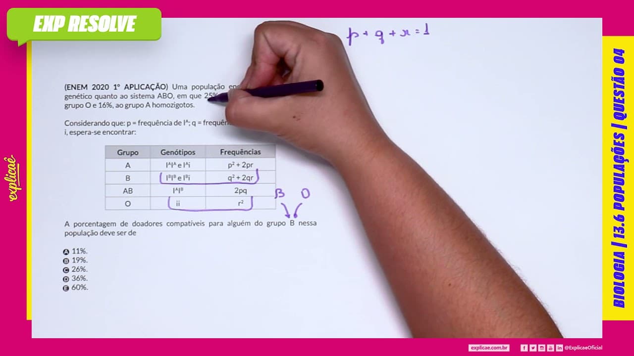 Thumbnail: UMA POPULAÇÃO ENCONTRA-SE EM EQUILÍBRIO GENÉTICO QUANTO AO SISTEMA ABO, EM QUE 25%(...) | POPULAÇÕES