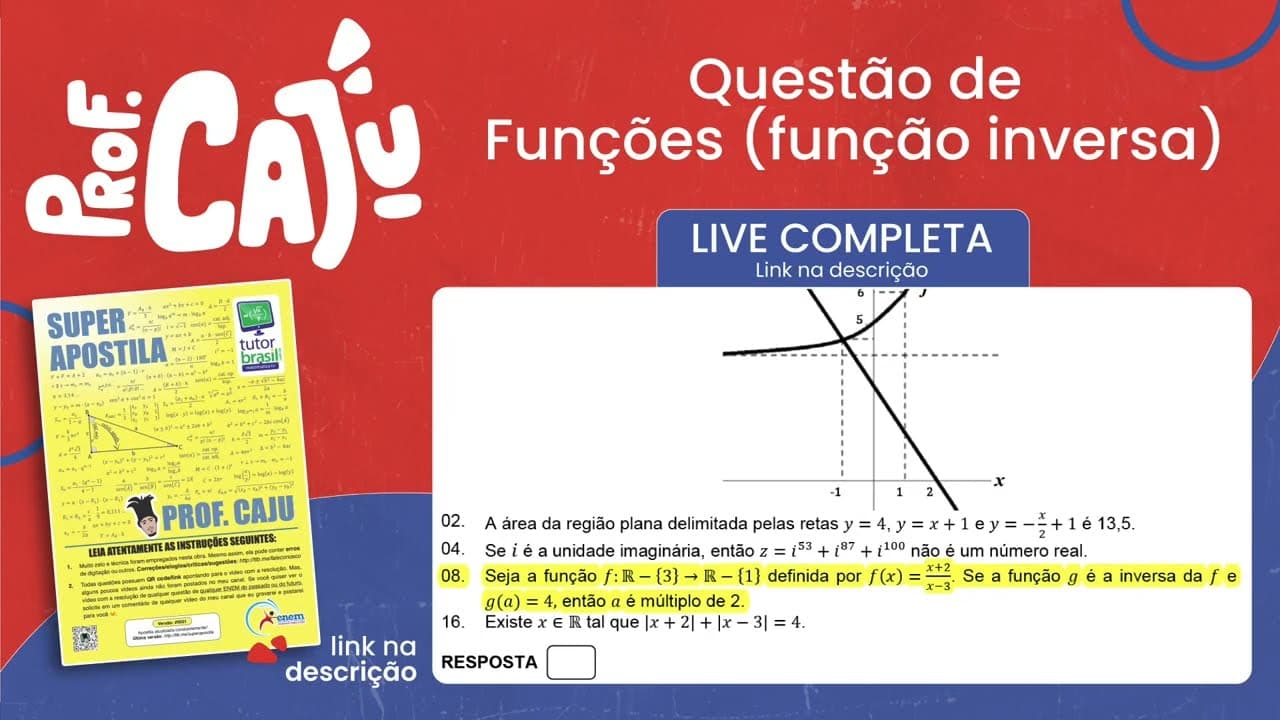 Thumbnail: [UFSC 2023] 30.08 📒 FUNÇÕES Seja a função f: ℝ - {3} → ℝ - {1} definida por f(x) = (x+2)/(x–3). Se a