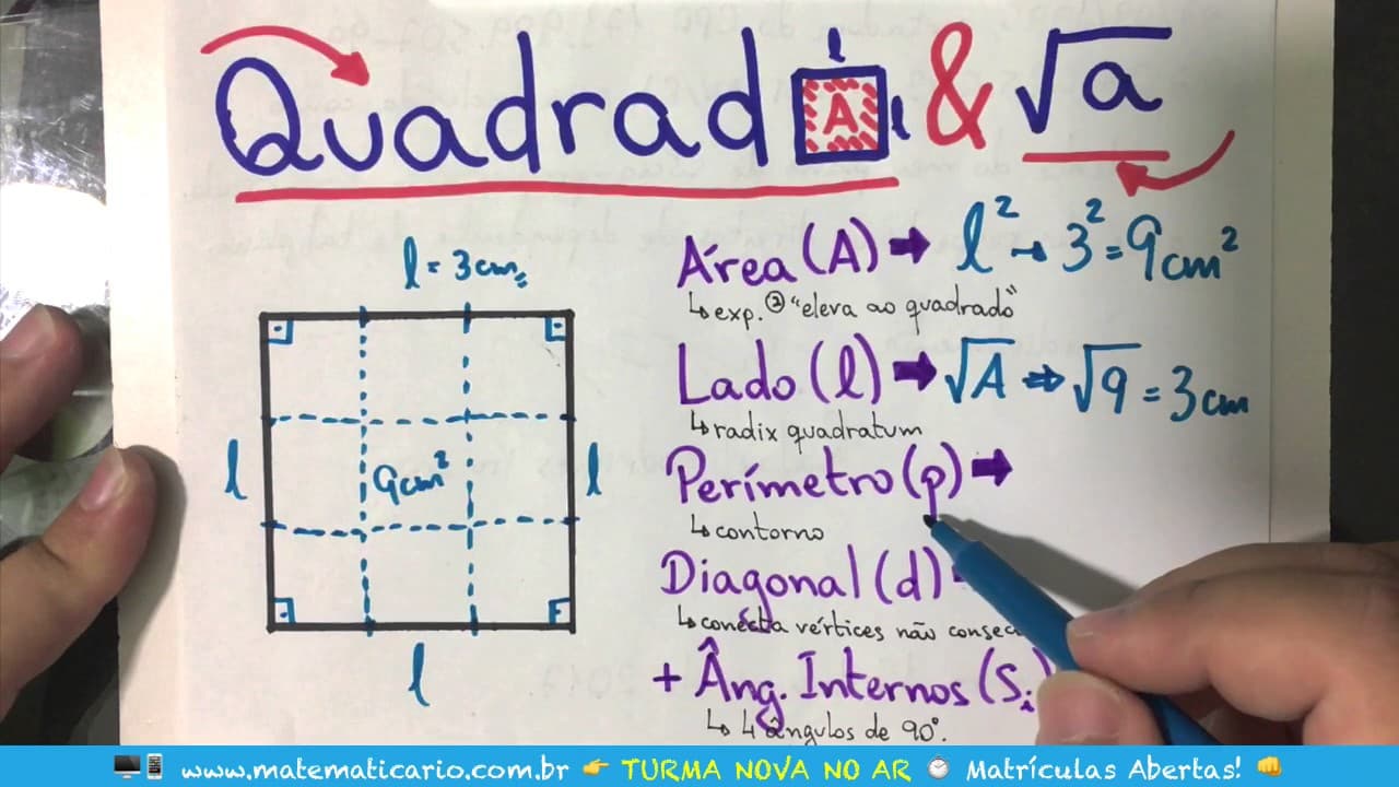 Thumbnail: ⏱ QUADRADO - Área, Lado, Perímetro, Diagonal, Ângulos 👉 Minuto Matemática