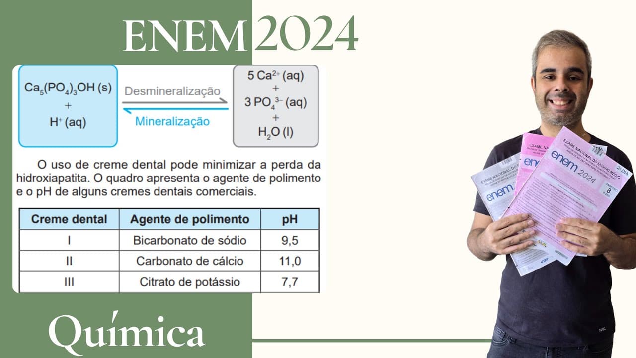 Thumbnail: ENEM 2024 - A hidroxiapatita Ca5(PO4)3OH é um mineral constituinte do esmalte dos dentes. Entre as