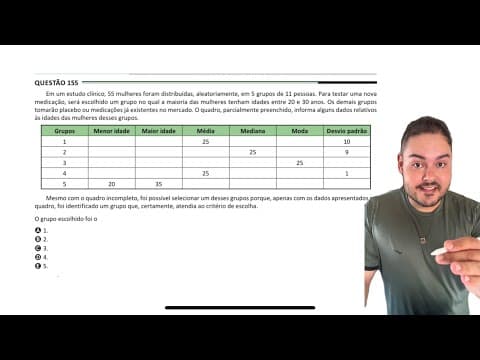 Thumbnail da aula: ENEM 2025 - Em um estudo clínico, 55 mulheres foram distribuídas, aleatoriamente, em 5 grupos de 11