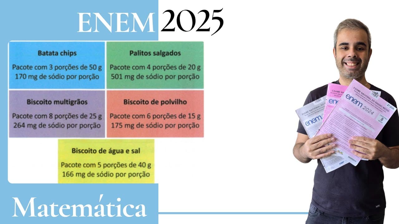 Thumbnail: ENEM 2025 - Na cantina de uma escola, há cinco alimentos vendidos em pacotes com diferentes