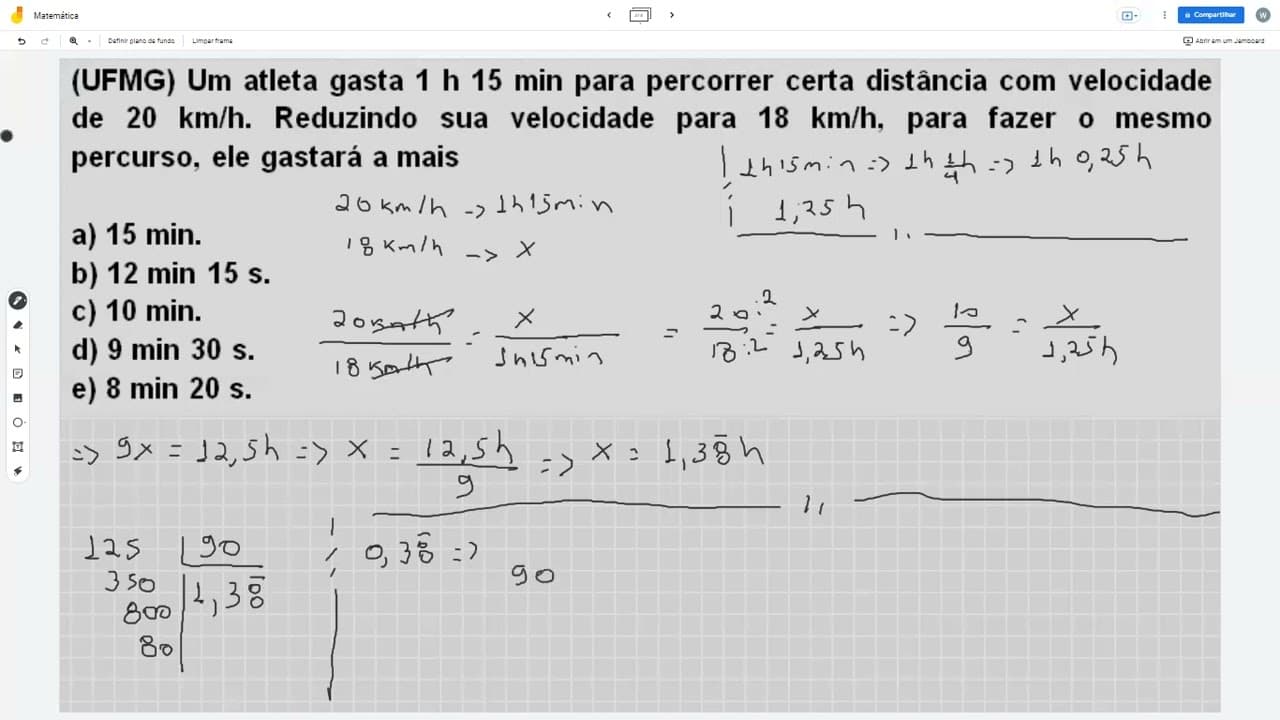 Thumbnail: (UFMG) Um atleta gasta 1 h 15 min para percorrer certa distância com velocidade de 20 km/h.