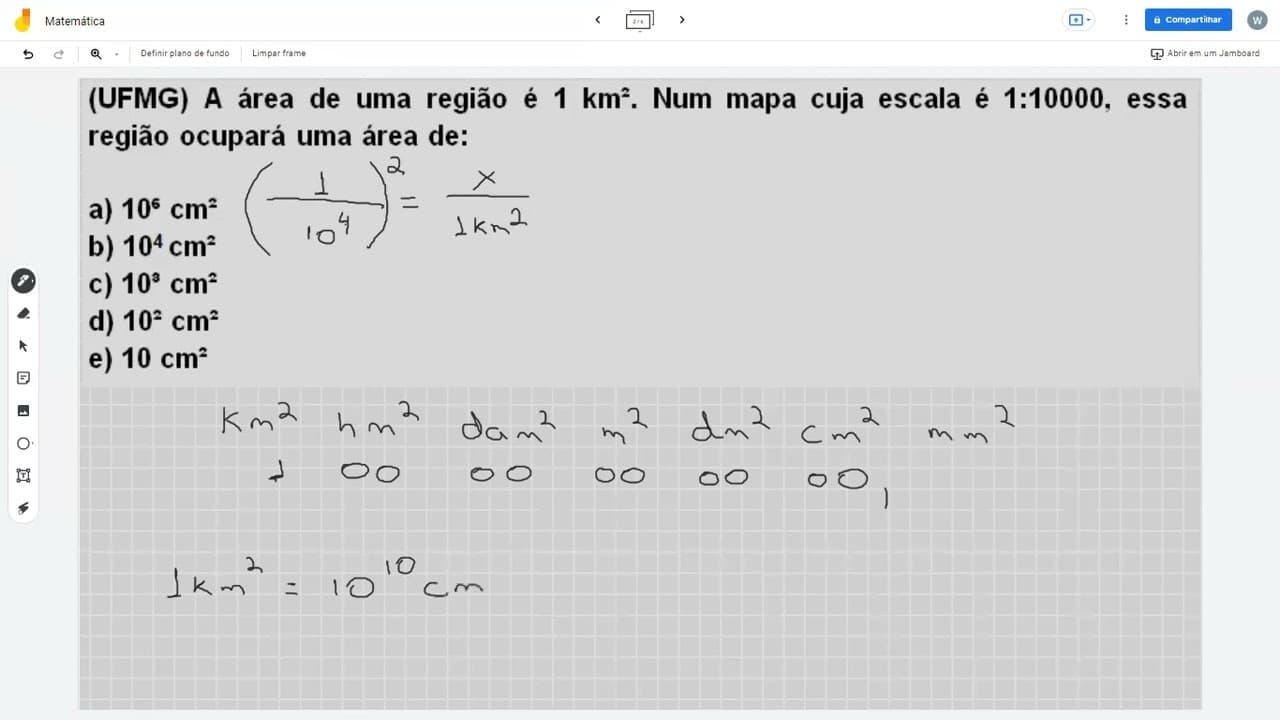 Thumbnail: (UFMG) A área de uma região é 1 km². Num mapa cuja escala é 1:10000, essa região ocupará uma área de